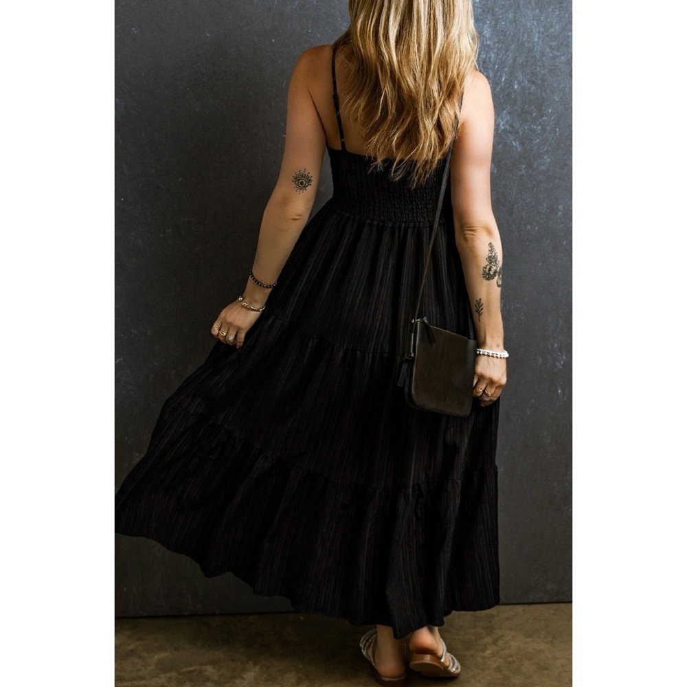 Black Smocked Pleated Tiered Maxi Dress - Picture 2 of 2